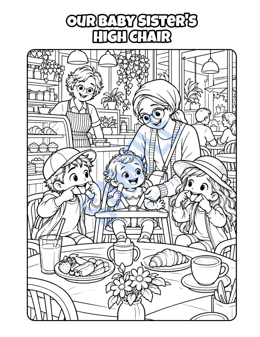 Coloring page from A Day at the Cafe: "Our Baby Sister's High Chair"