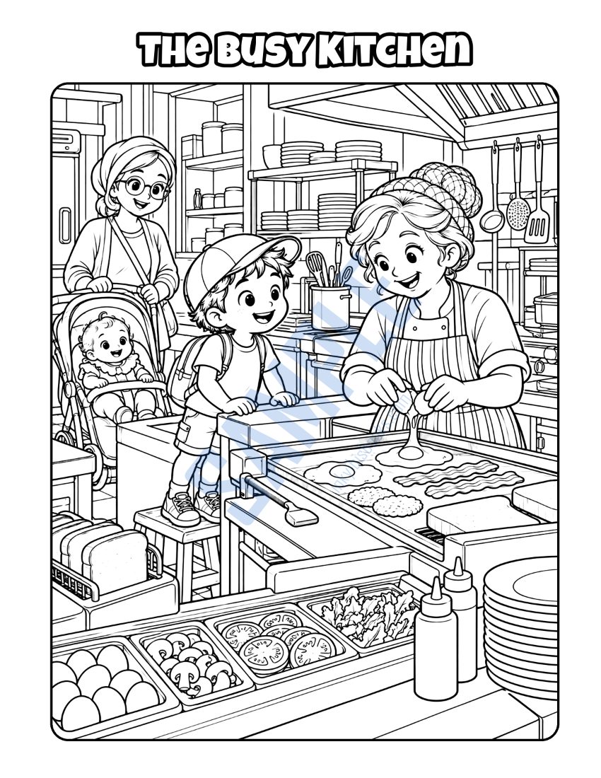 Coloring page from A Day at the Cafe: "The Busy Kitchen"