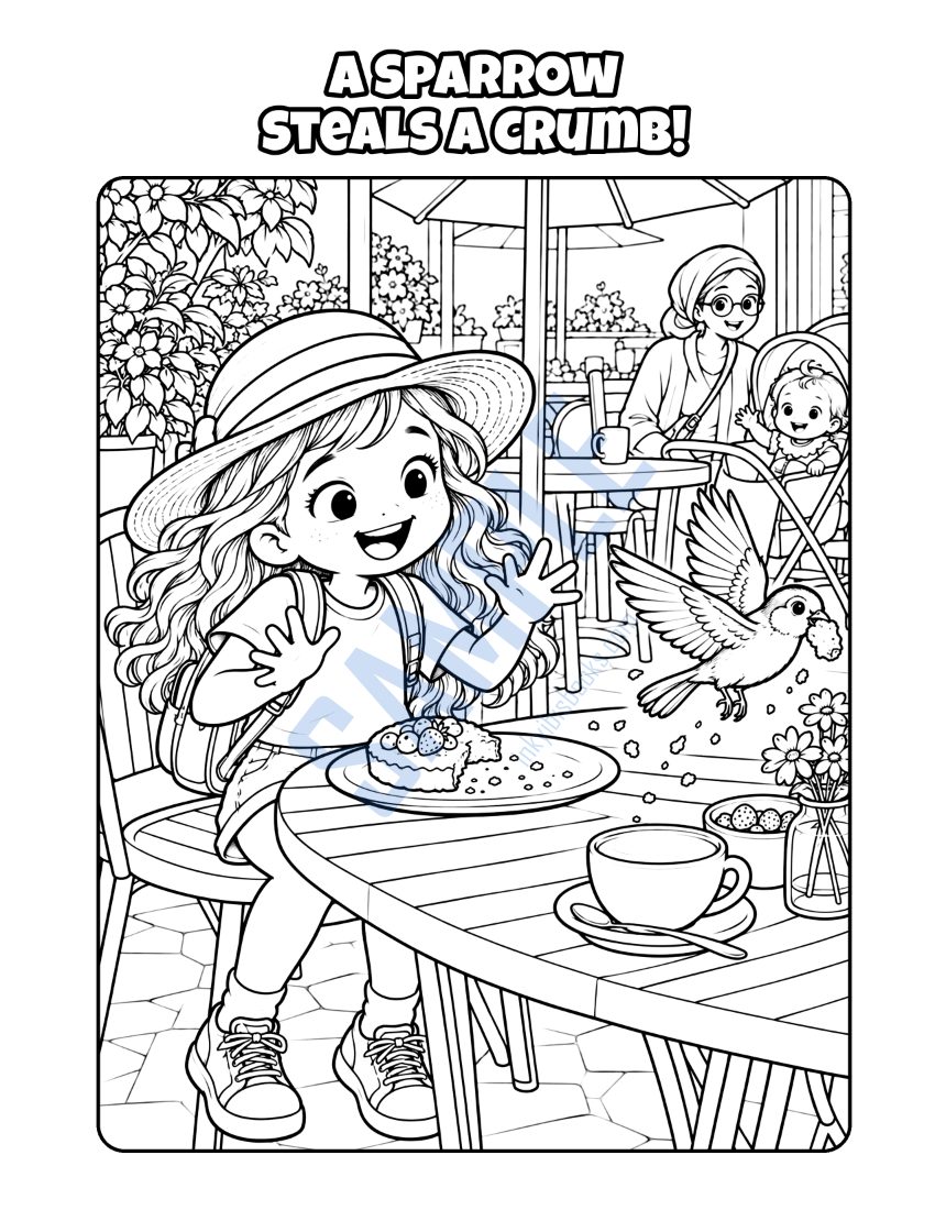 Coloring page from A Day at the Cafe: "A Sparrow Steals a Crumb!"