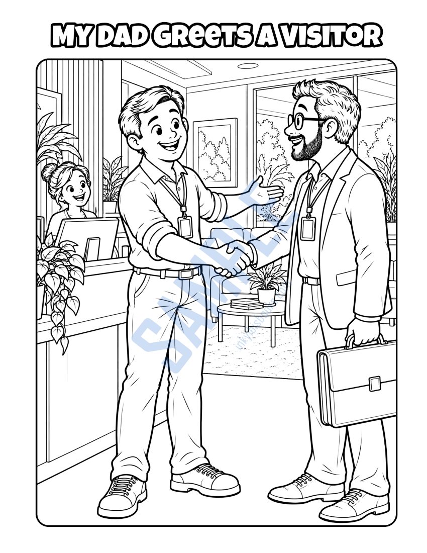 Coloring page from My Dad Works in an Office: "My Dad Greets a Visitor"