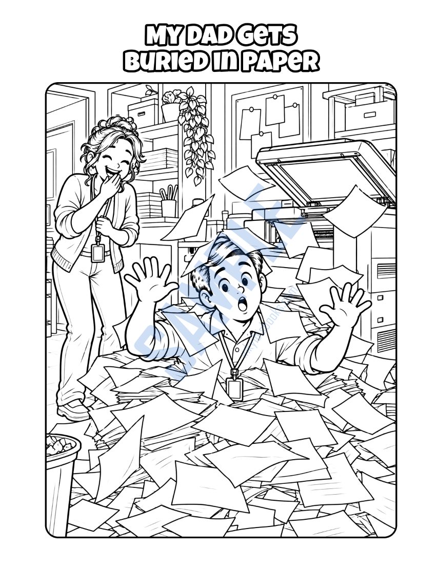 Coloring page from My Dad Works in an Office: "My Dad Gets Buried in Paper"