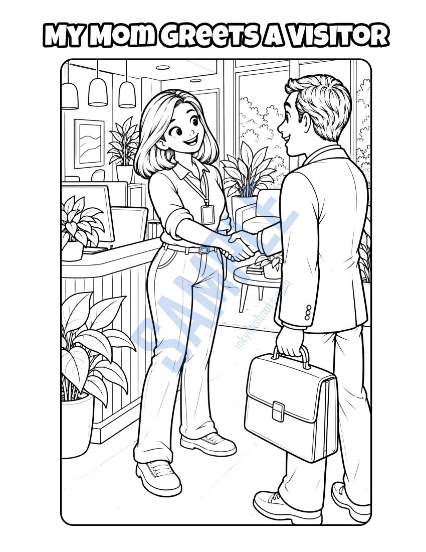 Coloring page from My Mom Works in an Office: "My Mom Greets a Visitor"