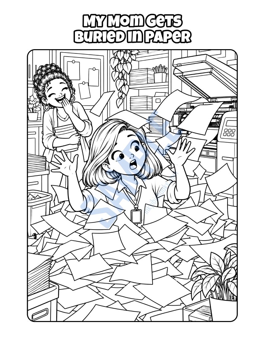 Coloring page from My Mom Works in an Office: "My Mom Gets Buried in Paper"