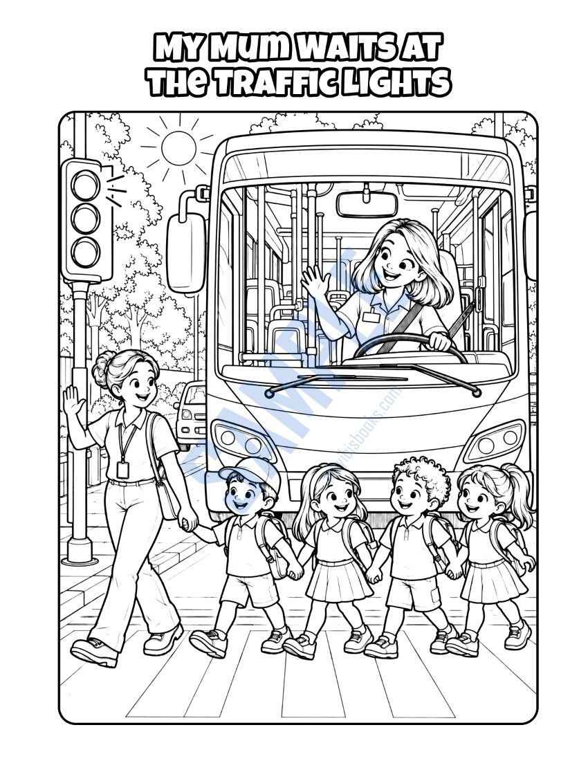 Colouring page from My Mum Is a Bus Driver: "My Mum Waits at the Traffic Lights"