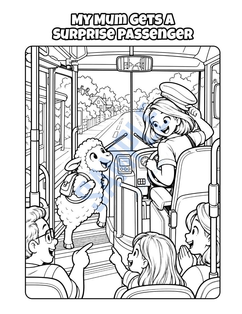 Colouring page from My Mum Is a Bus Driver: "My Mum Gets a Surprise Passenger"