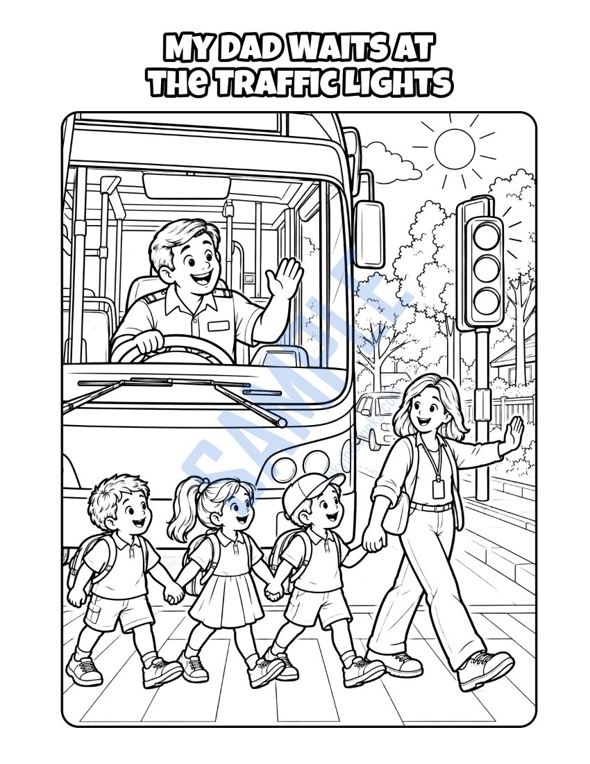 Coloring page from My Dad Is a Bus Driver: "My Dad Waits at the Traffic Lights"