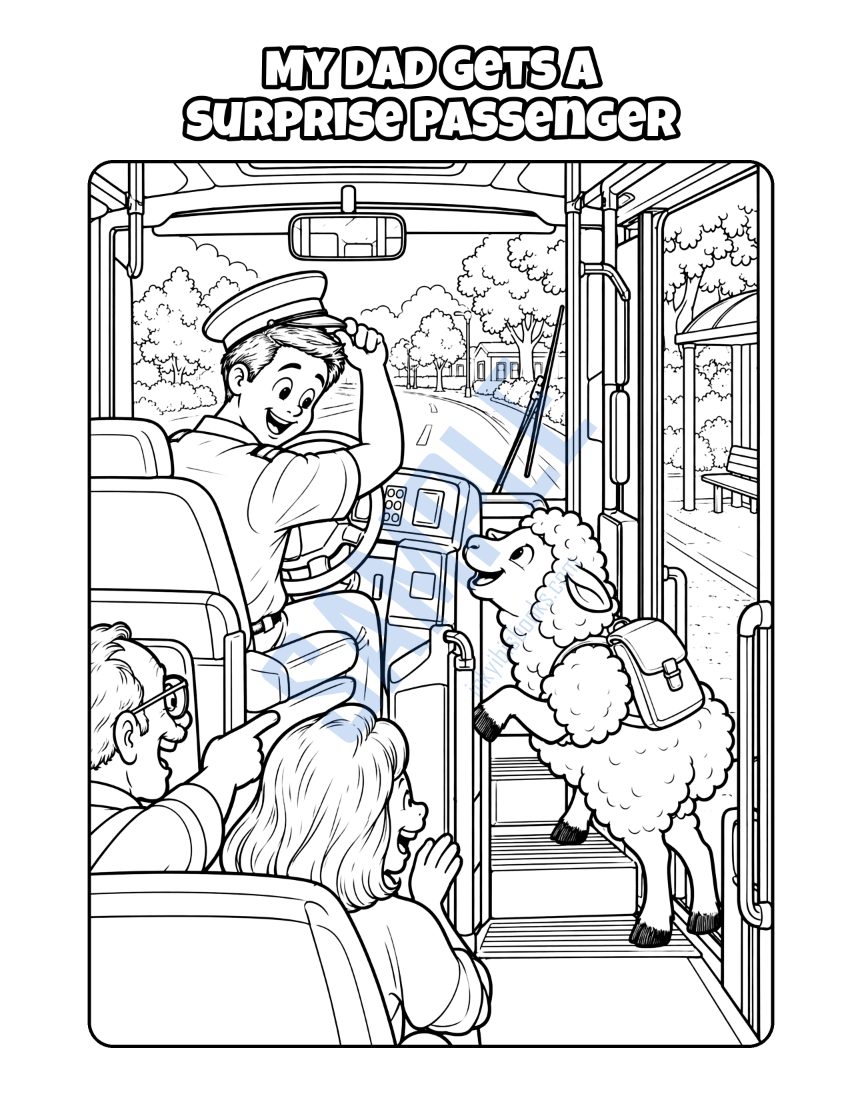 Coloring page from My Dad Is a Bus Driver: "My Dad Gets a Surprise Passenger"