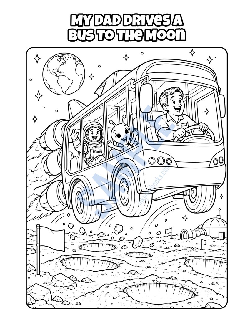 Coloring page from My Dad Is a Bus Driver: "My Dad Drives a Bus to the Moon"