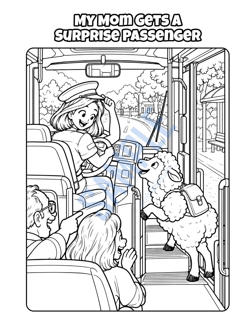 Coloring page from My Mom Is a Bus Driver: "My Mom Gets a Surprise Passenger"