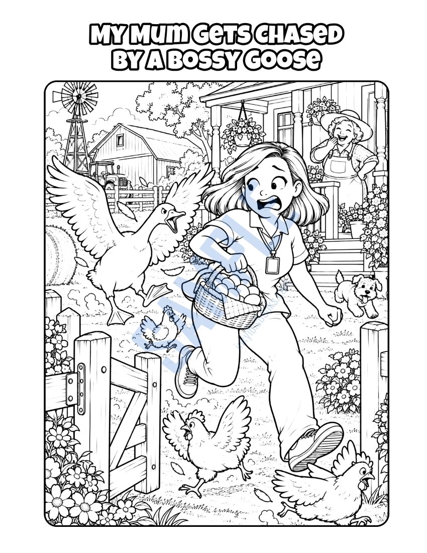 Colouring page from My Mum Is a Carer: "My Mum Gets Chased by a Bossy Goose"