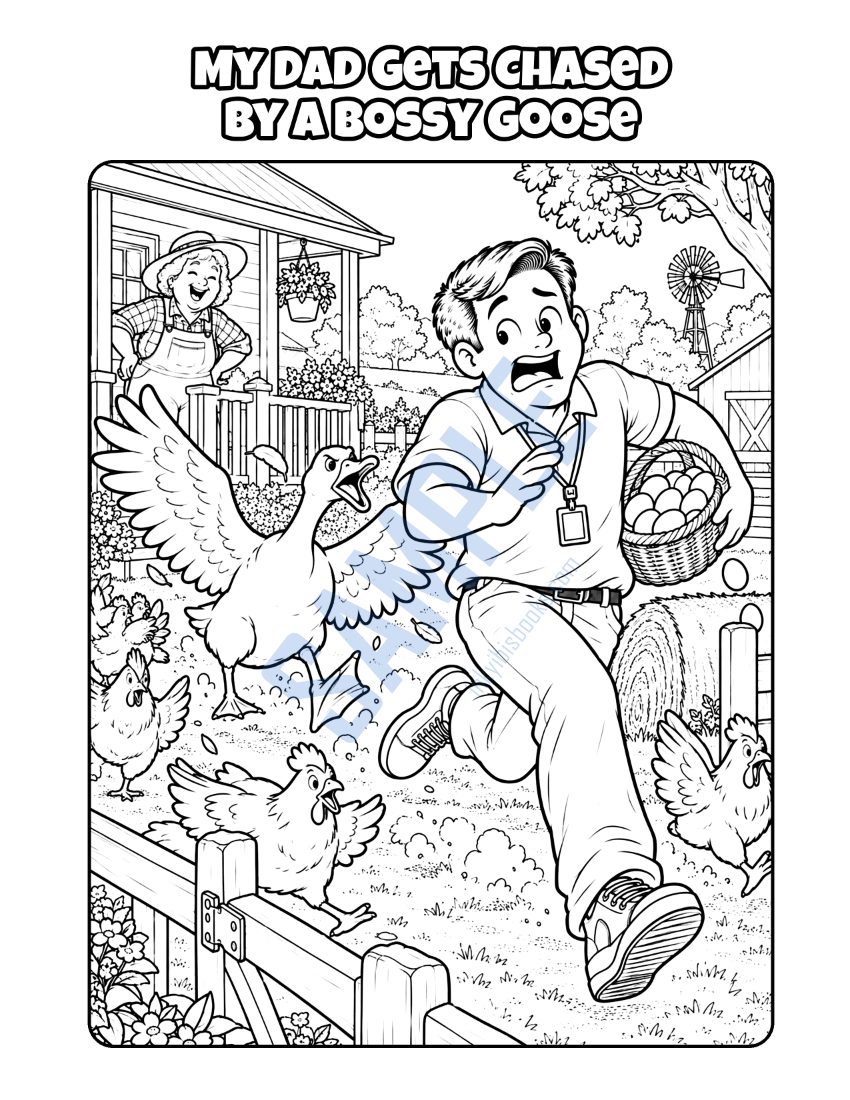 Coloring page from My Dad Is a Caregiver: "My Dad Gets Chased by a Bossy Goose"