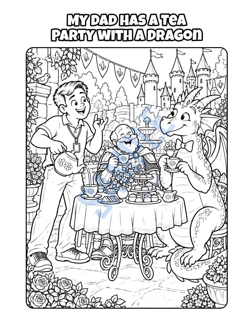 Coloring page from My Dad Is a Caregiver: "My Dad Has a Tea Party with a Dragon"