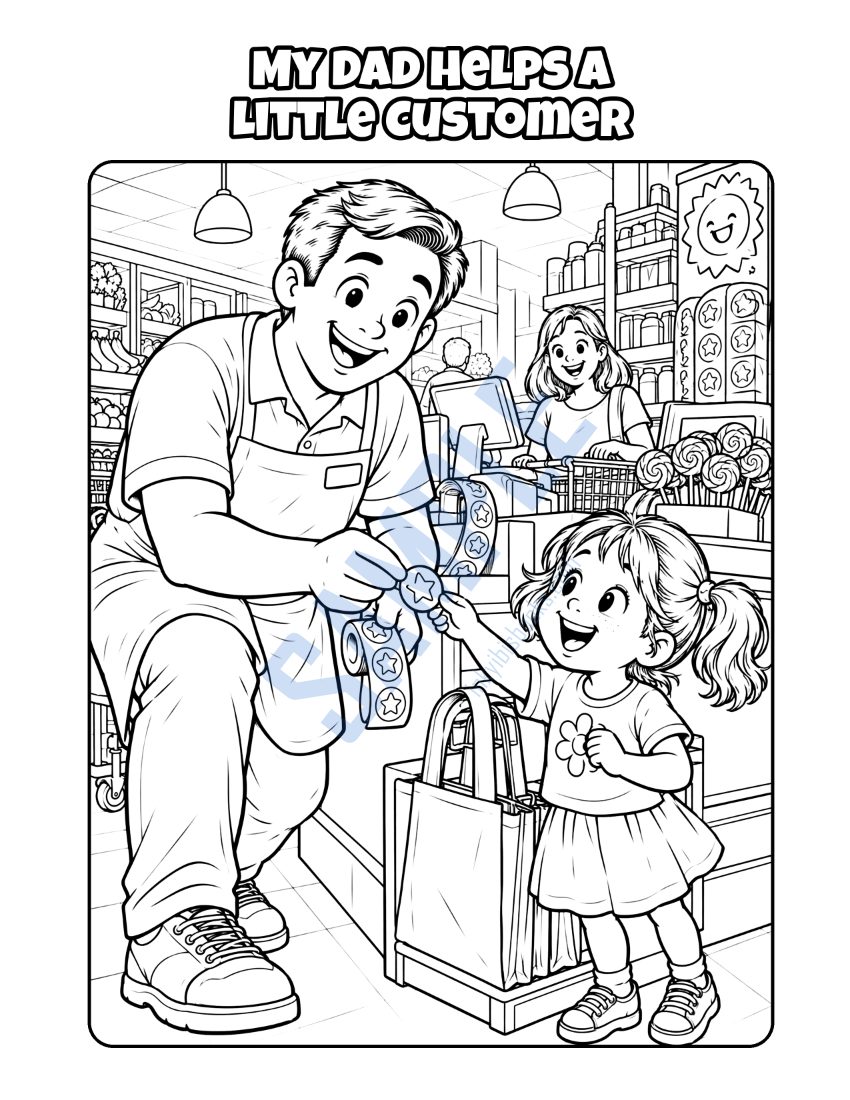 Coloring page from My Dad Works at the Checkout: "My Dad Helps a Little Customer"