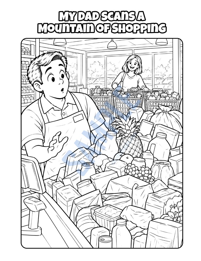 Coloring page from My Dad Works at the Checkout: "My Dad Scans a Mountain of Shopping"