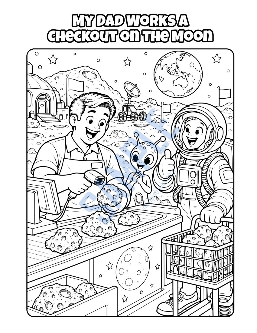 Coloring page from My Dad Works at the Checkout: "My Dad Works a Checkout on the Moon"