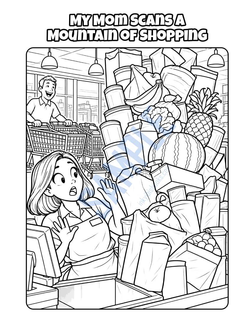 Coloring page from My Mom Works at the Checkout: "My Mom Scans a Mountain of Shopping"