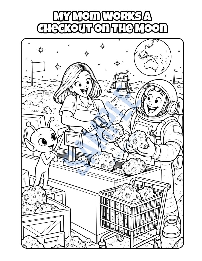 Coloring page from My Mom Works at the Checkout: "My Mom Works a Checkout on the Moon"