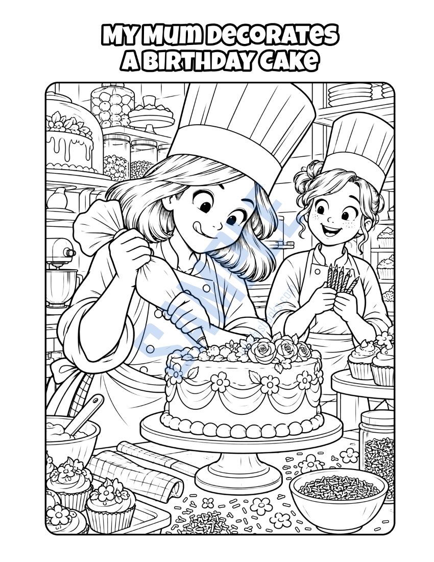 Colouring page from My Mum Is a Chef: "My Mum Decorates a Birthday Cake"