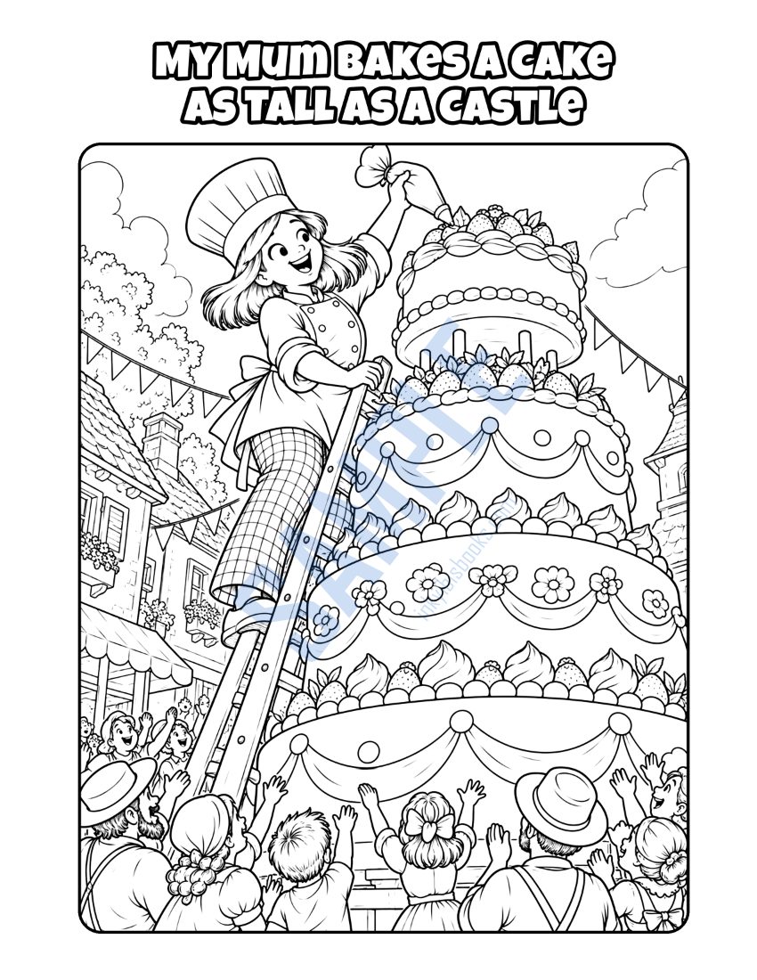 Colouring page from My Mum Is a Chef: "My Mum Bakes a Cake as Tall as a Castle"