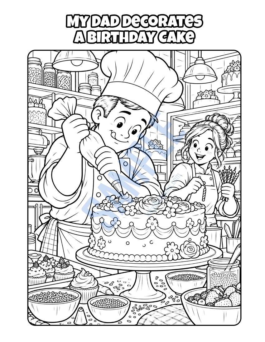 Coloring page from My Dad Is a Chef: "My Dad Decorates a Birthday Cake"