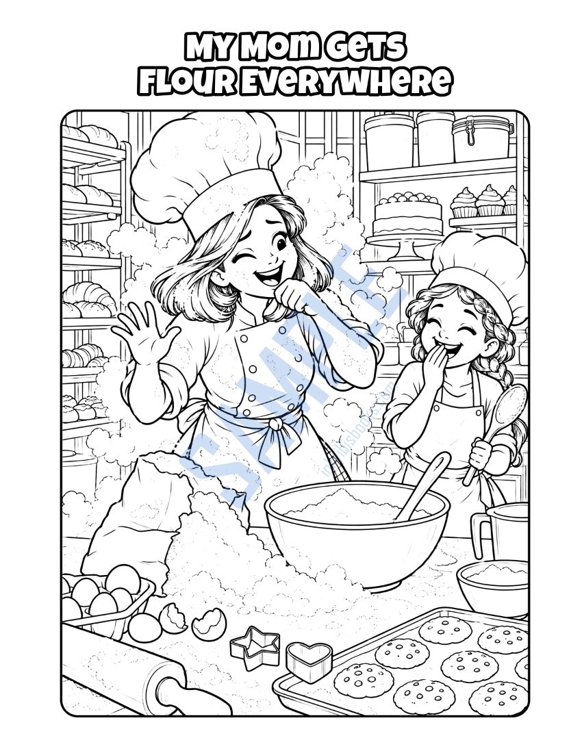 Coloring page from My Mom Is a Chef: "My Mom Gets Flour Everywhere"