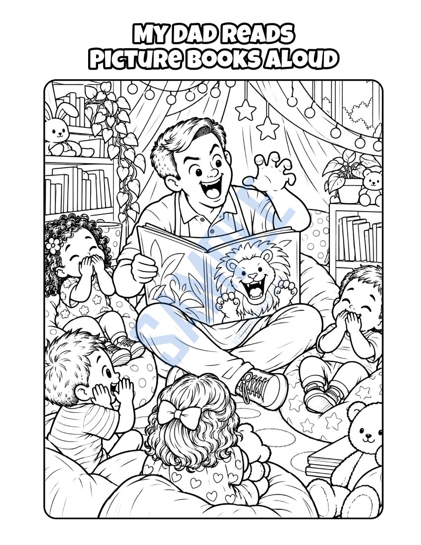 Coloring page from My Dad Looks After Children: "My Dad Reads Picture Books Aloud"