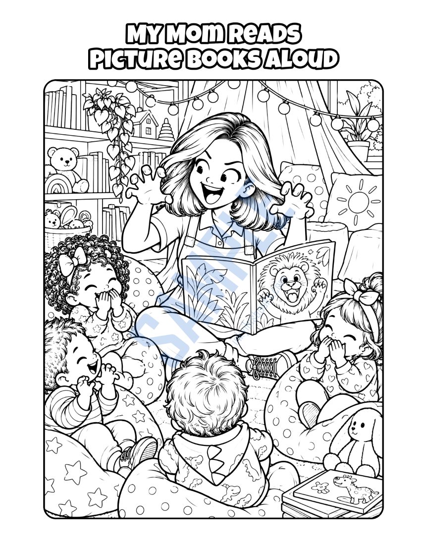 Coloring page from My Mom Looks After Children: "My Mom Reads Picture Books Aloud"