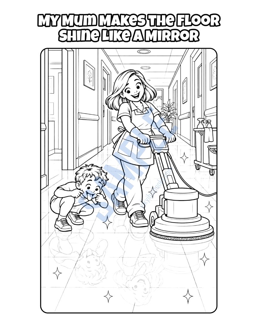 Colouring page from My Mum Is a Cleaner: "My Mum Slips on the Soapy Floor"