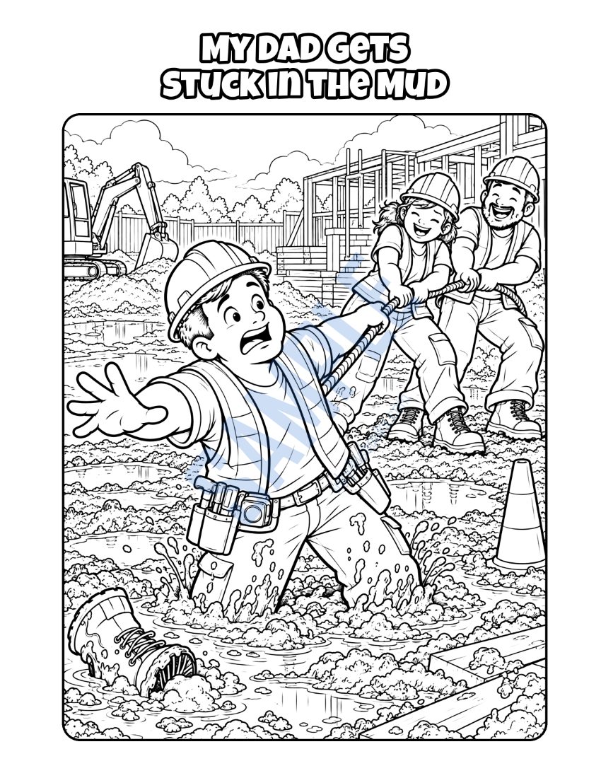 Coloring page from My Dad Is a Construction Worker: "My Dad Gets Stuck in the Mud"