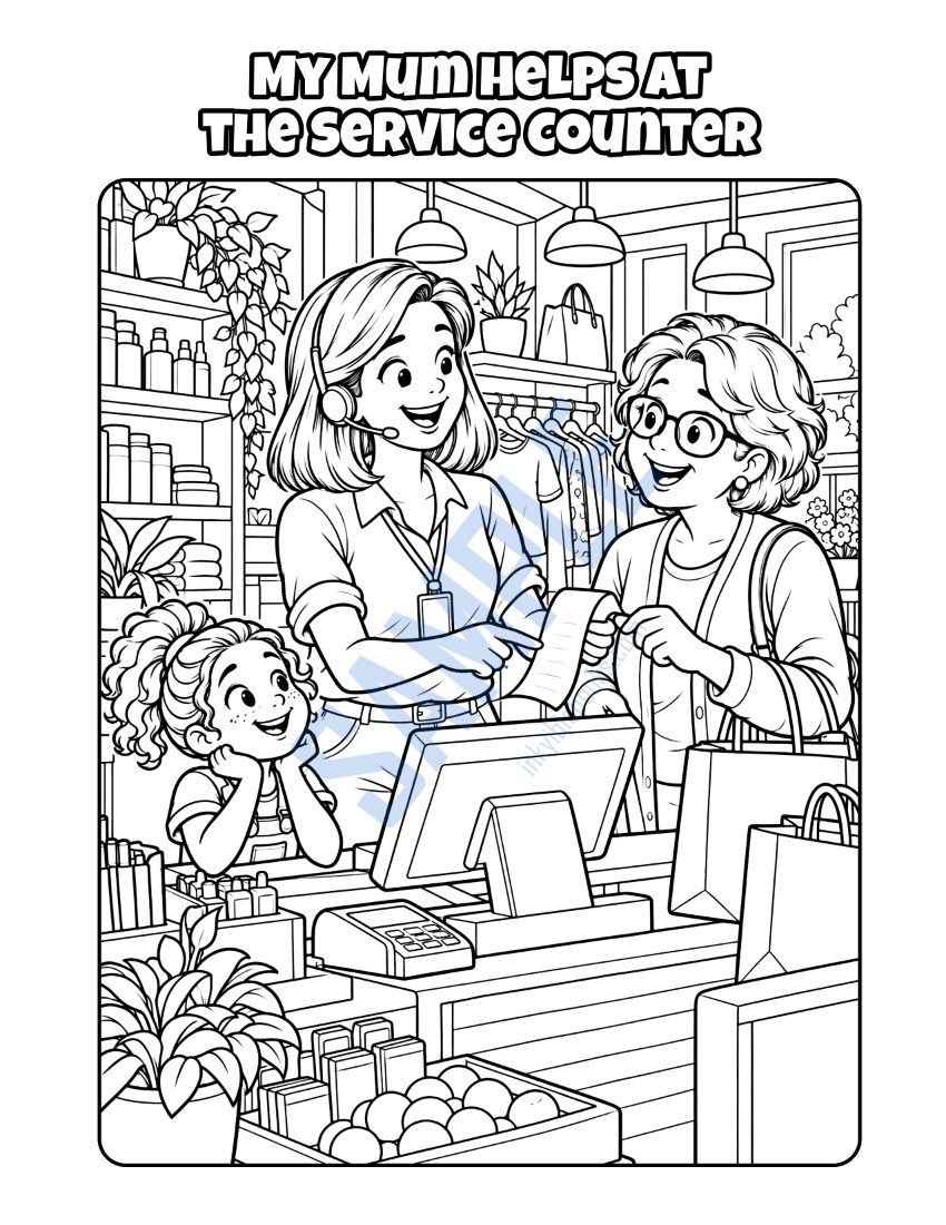 Colouring page from My Mum Helps Customers Solve Problems: "My Mum Helps at the Service Counter"
