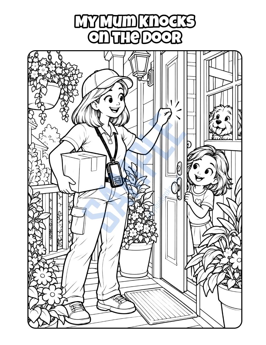 Colouring page from My Mum Is a Delivery Driver: "My Mum Knocks on the Door"