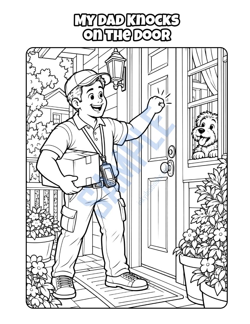 Coloring page from My Dad Is a Delivery Driver: "My Dad Knocks on the Door"