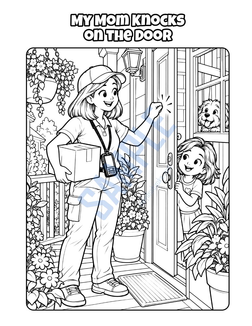 Coloring page from My Mom Is a Delivery Driver: "My Mom Knocks on the Door"