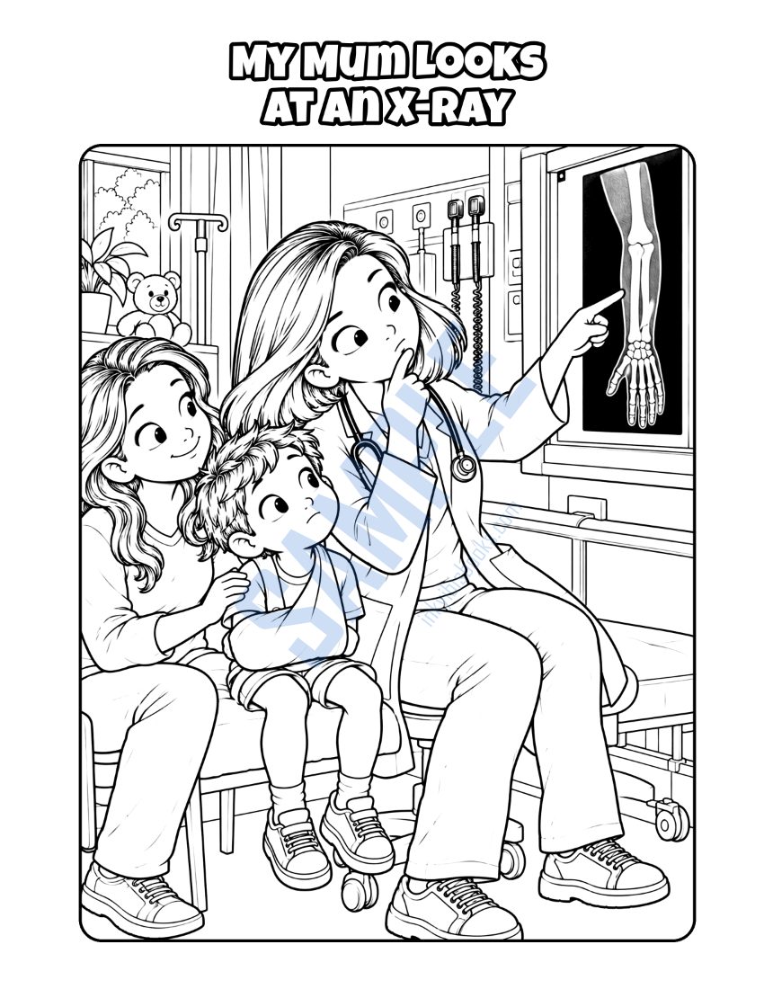 Colouring page from My Mum Is a Doctor: "My Mum Looks at an X-Ray"