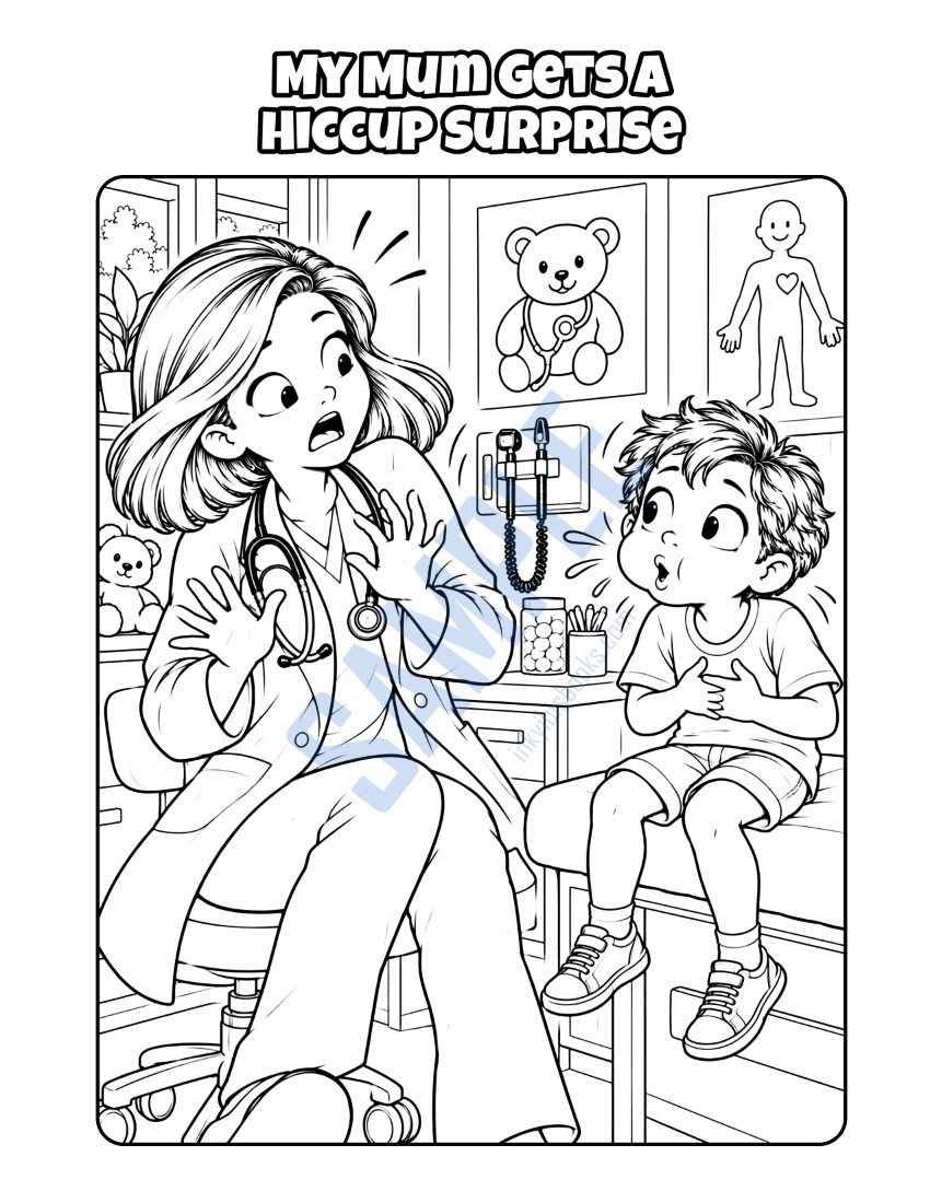 Colouring page from My Mum Is a Doctor: "My Mum Gets a Hiccup Surprise"