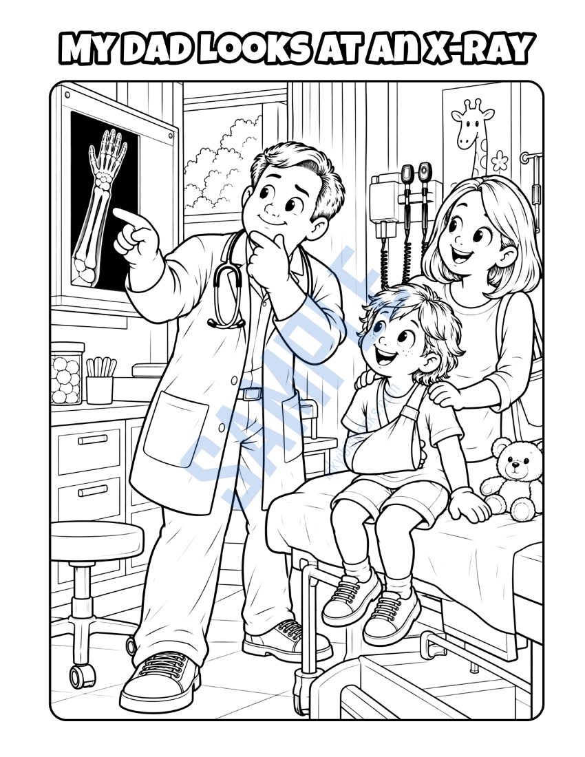 Coloring page from My Dad Is a Doctor: "My Dad Looks at an X-Ray"