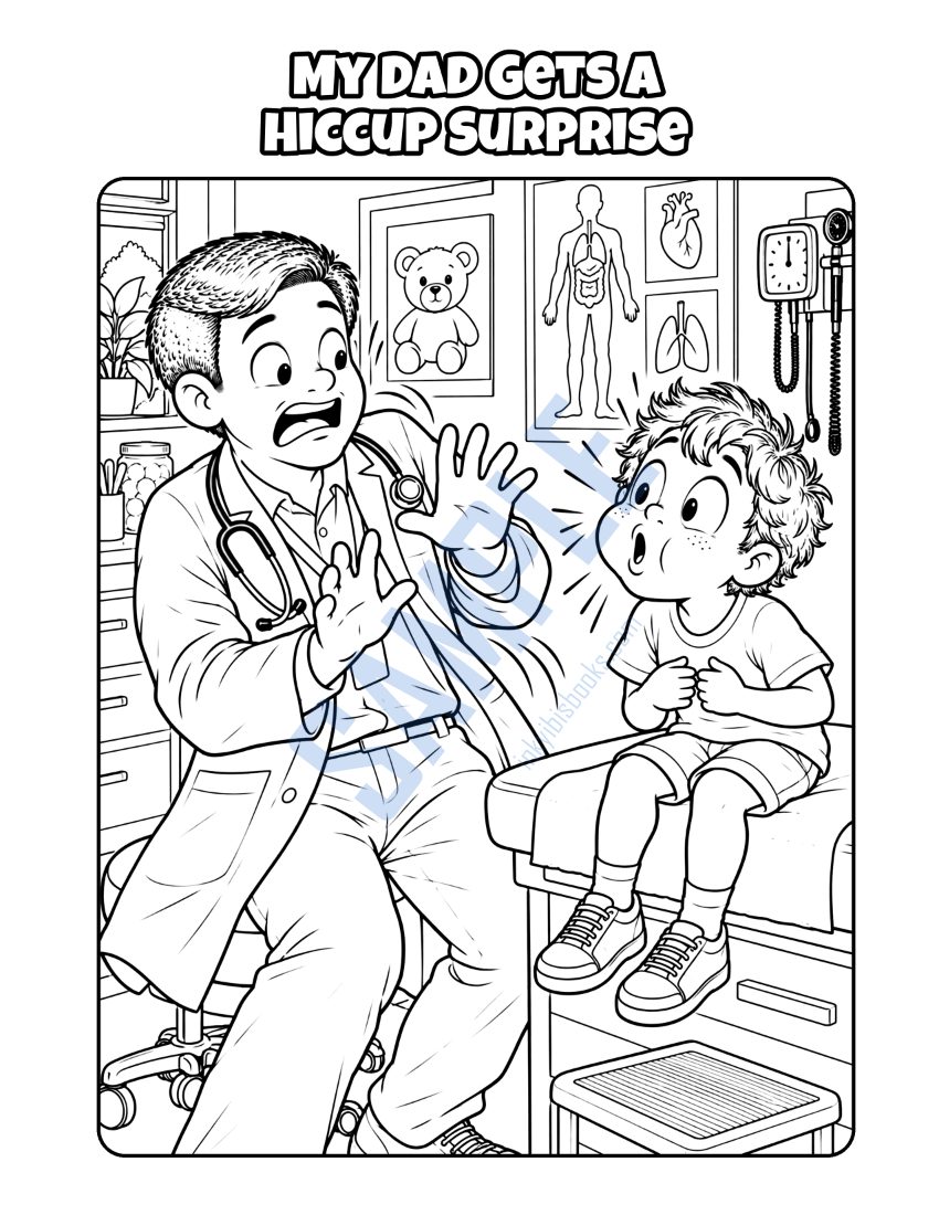 Coloring page from My Dad Is a Doctor: "My Dad Gets a Hiccup Surprise"