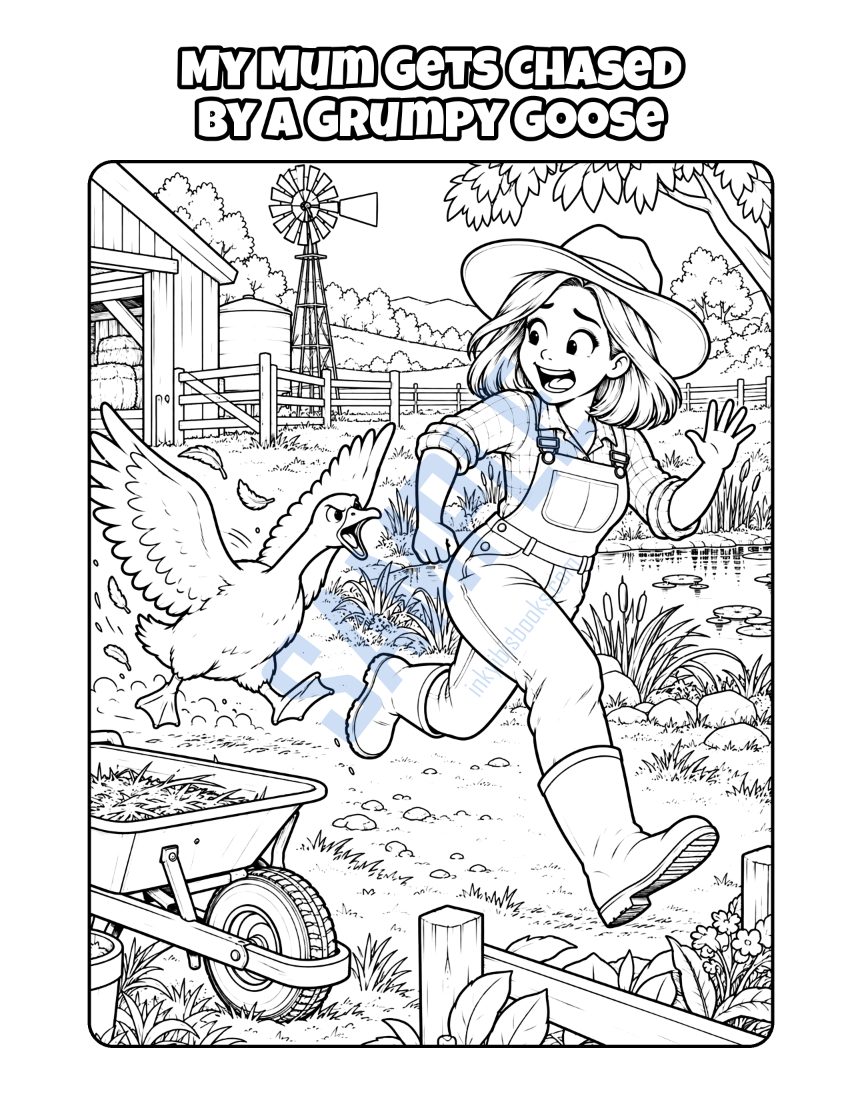 Colouring page from My Mum Is a Farmer: "My Mum Gets Chased by a Grumpy Goose"