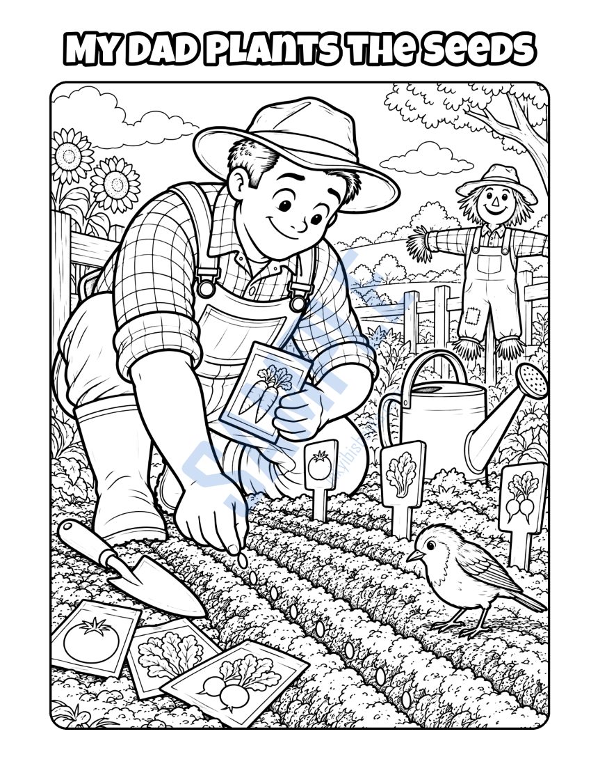 Coloring page from My Dad Is a Farmer: "My Dad Plants the Seeds"