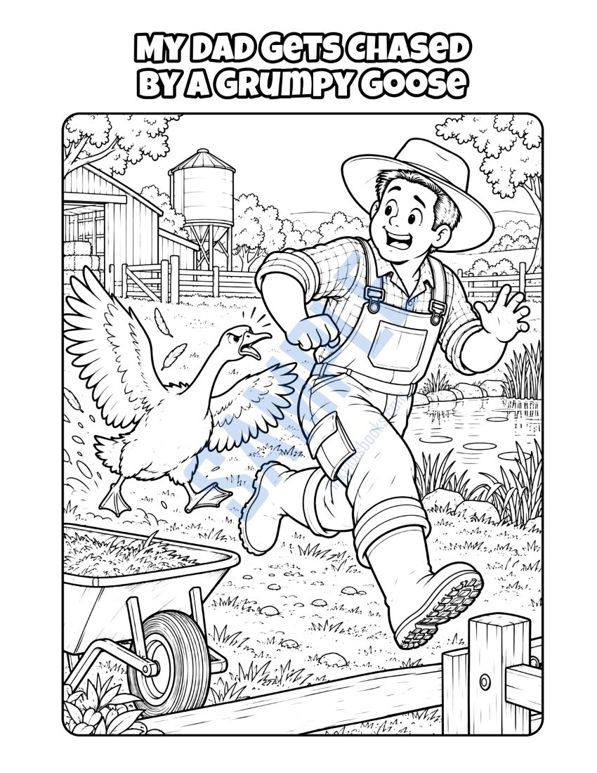 Coloring page from My Dad Is a Farmer: "My Dad Gets Chased by a Grumpy Goose"