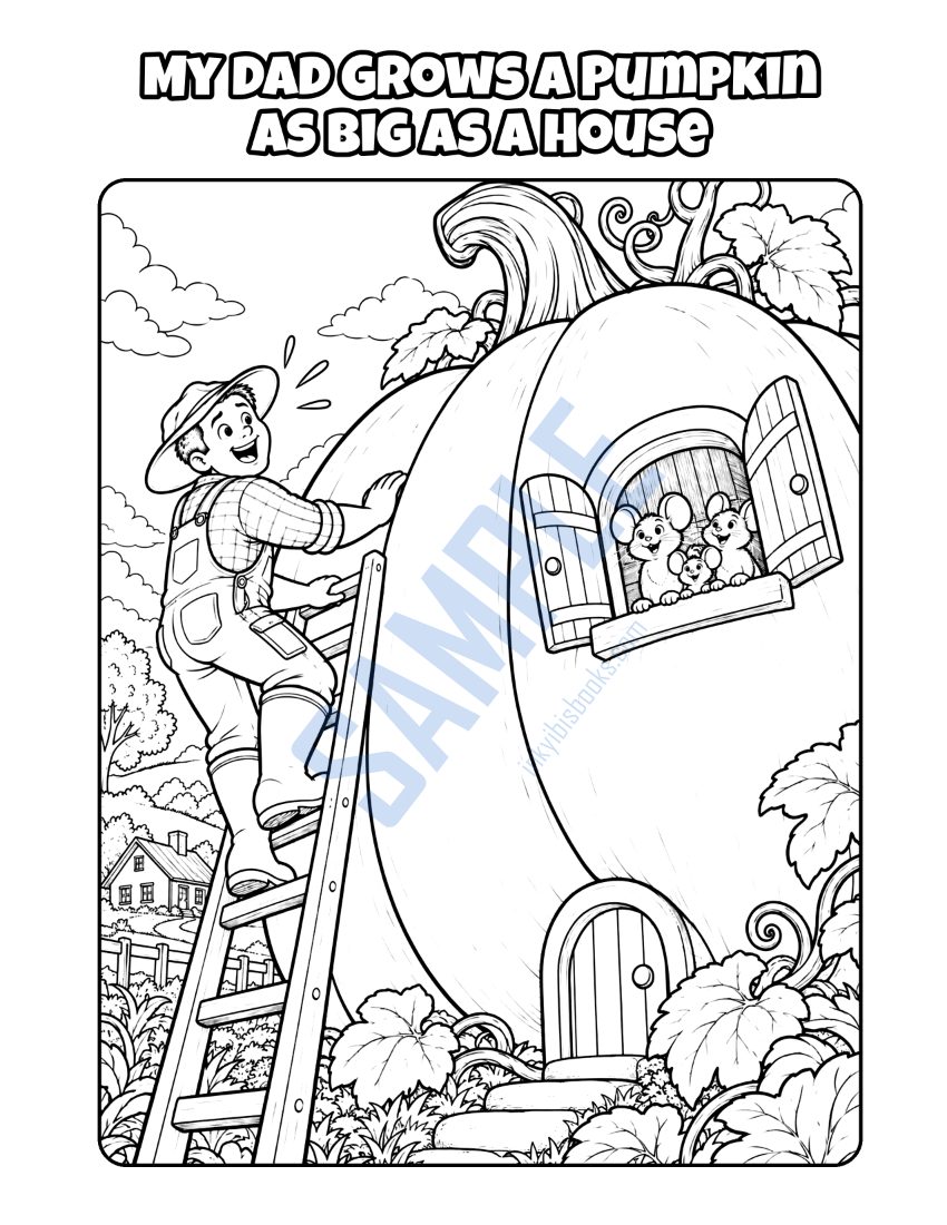 Coloring page from My Dad Is a Farmer: "My Dad Grows a Pumpkin as Big as a House"