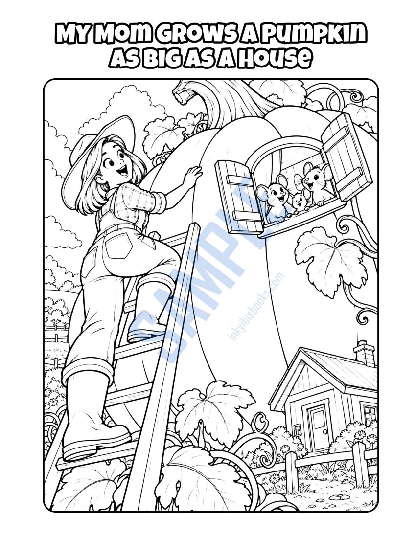 Coloring page from My Mom Is a Farmer: "My Mom Grows a Pumpkin as Big as a House"