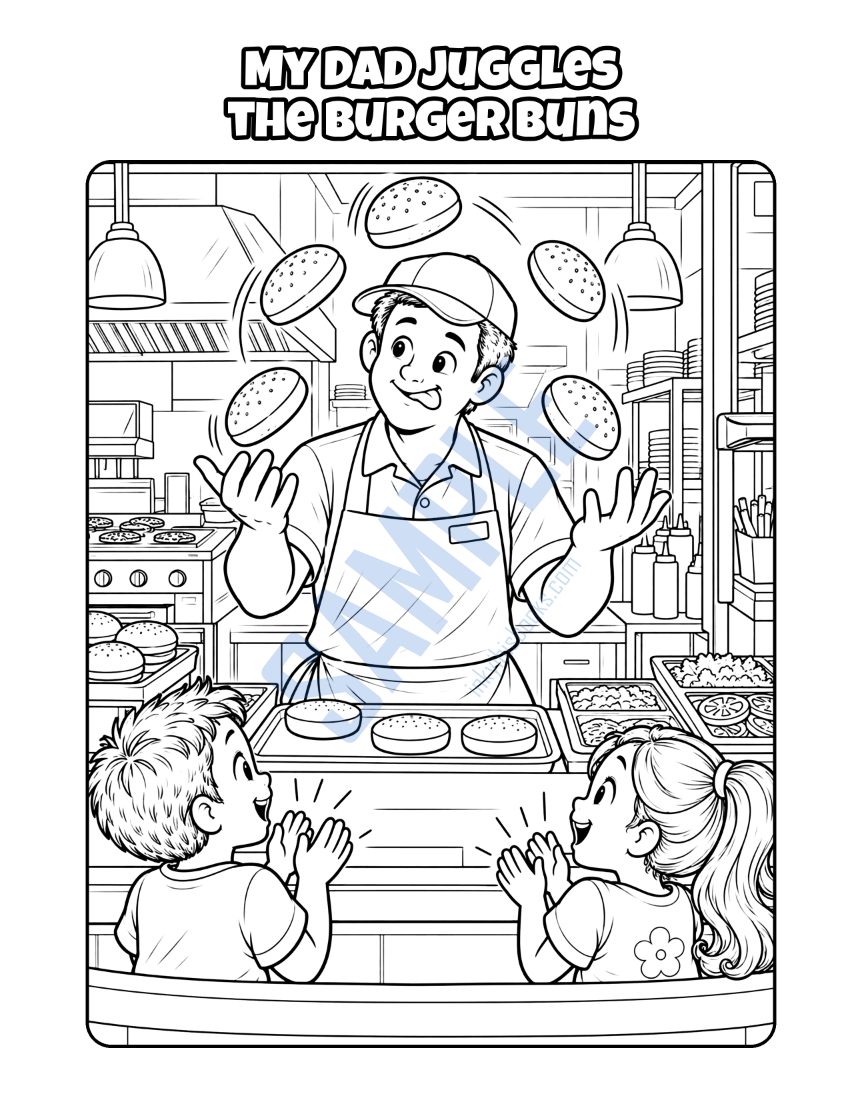 Coloring page from My Dad Works at the Burger Place: "My Dad Juggles the Burger Buns"