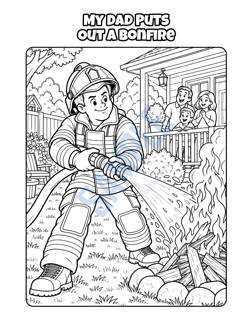 Colouring page from My Dad Is a Firefighter: "My Dad Puts Out a Bonfire"