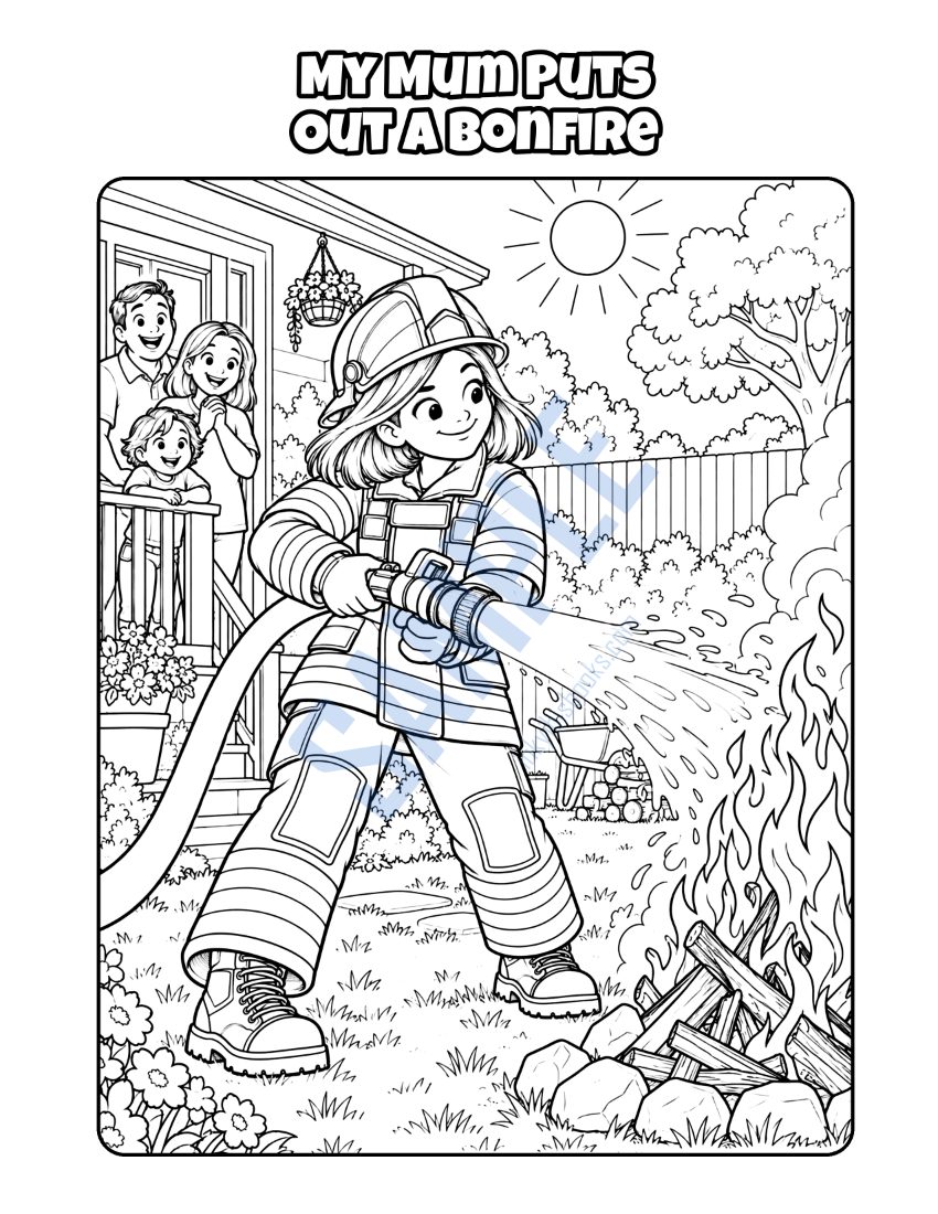 Colouring page from My Mum Is a Firefighter: "My Mum Puts Out a Bonfire"