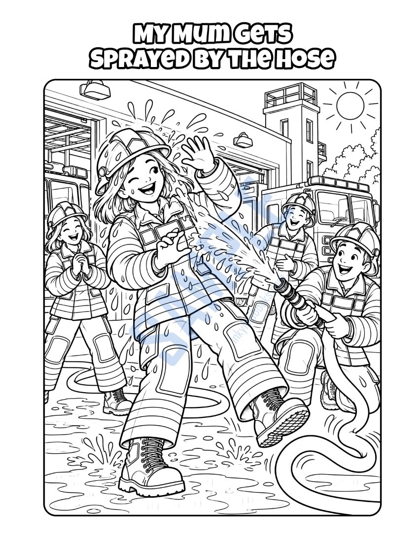 Colouring page from My Mum Is a Firefighter: "My Mum Gets Sprayed by the Hose"