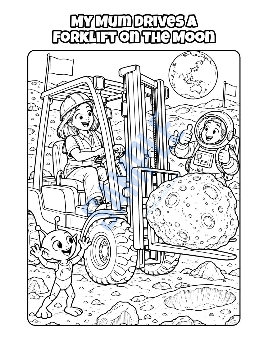 Colouring page from My Mum Is a Forklift Driver: "My Mum Drives a Forklift on the Moon"
