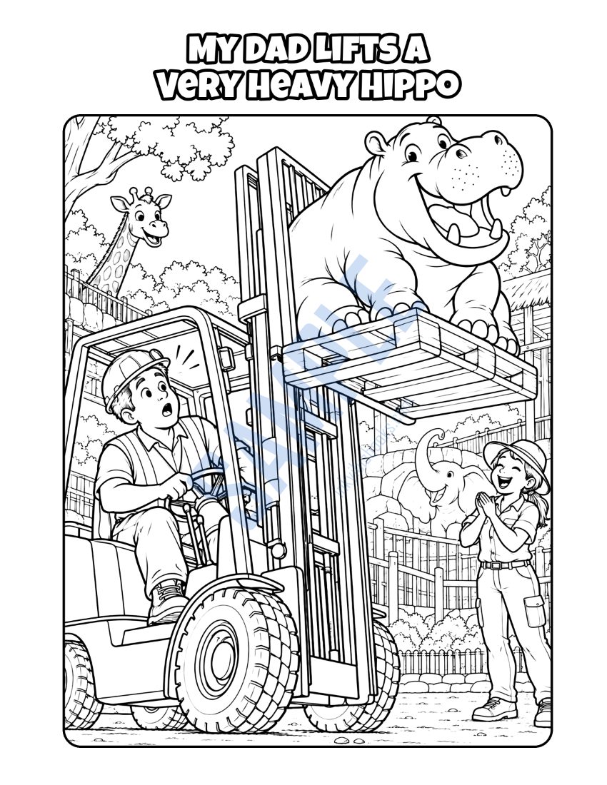 Coloring page from My Dad Is a Forklift Driver: "My Dad Lifts a Very Heavy Hippo"