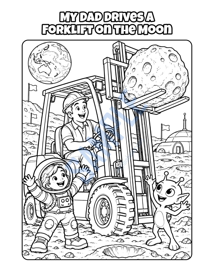 Coloring page from My Dad Is a Forklift Driver: "My Dad Drives a Forklift on the Moon"
