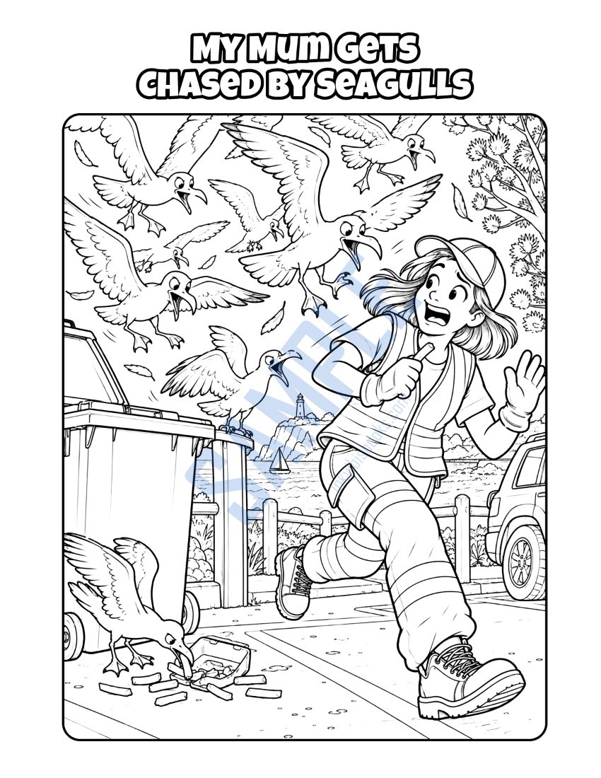 Colouring page from My Mum Is a Bin Collector: "My Mum Gets Chased by Seagulls"